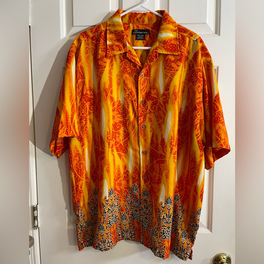 Men's L Large (L) No Boundaries Orange flame/black deco Club button down shirt.